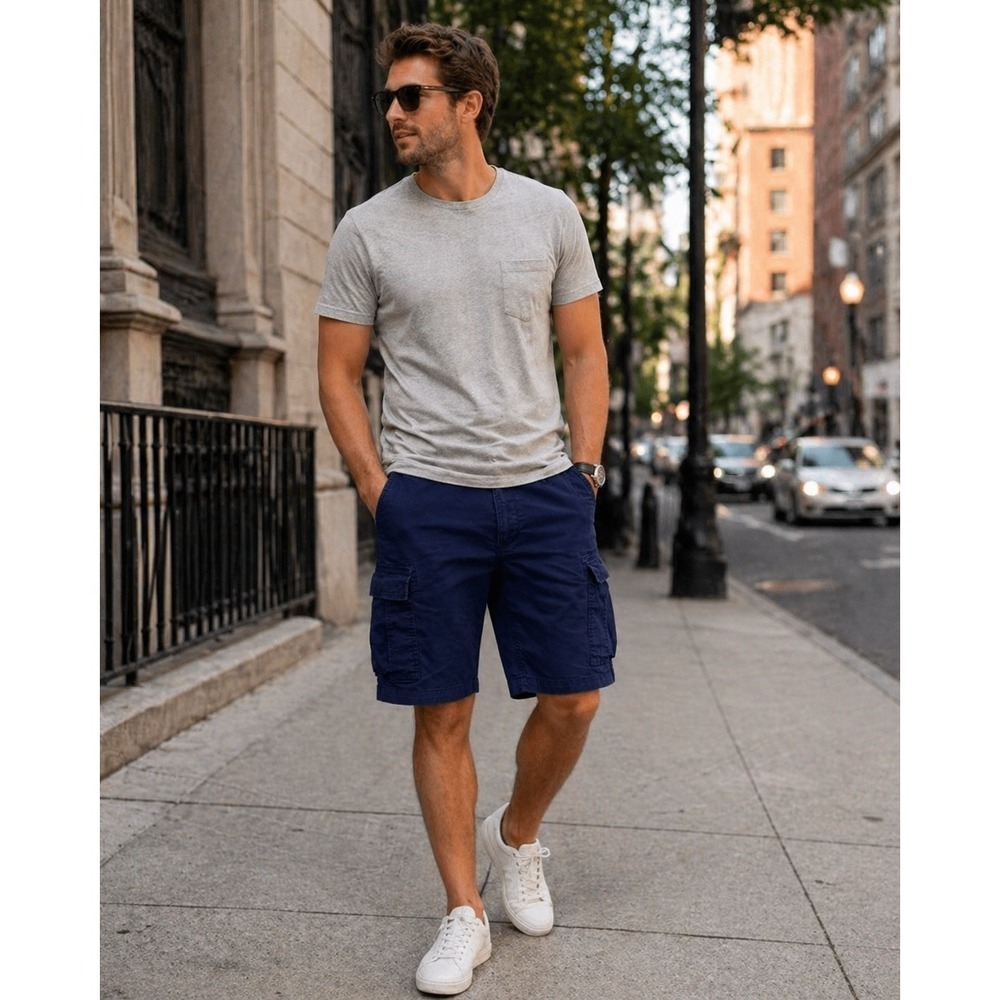 Lands End Mens Navy Blue Cotton Cargo Shorts Traditional Fit Size 33